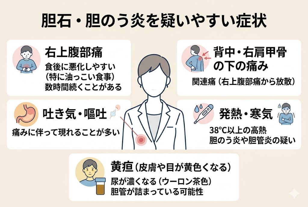 胆石や胆のう炎でみられやすい症状として、右上腹部痛、背中の痛み、吐き気、発熱、黄疸を整理して示した医療インフォグラフィック